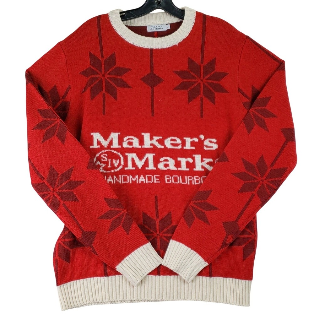Makers Mark Sweater Mens L Red Bourbon Whiskey Ugly Christmas Snowflake Holiday